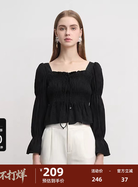 sdeer圣迪奥女装秋甜美方领肌理拼接系带长袖衬衫S241Z0509
