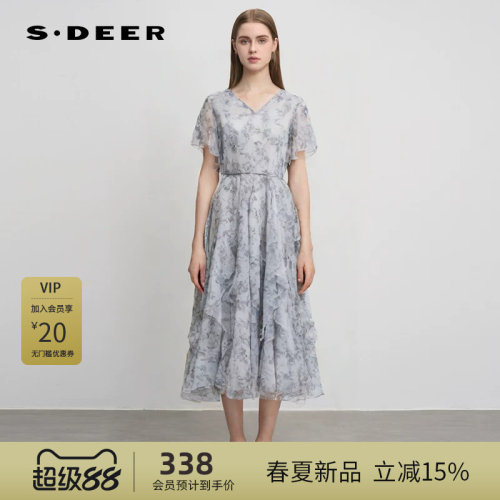 s.deer碎花网纱收腰荷叶边连衣裙