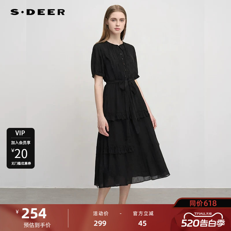 sdeer圣迪奥女装系带圆领风琴褶收腰花边连衣裙S242Z1210