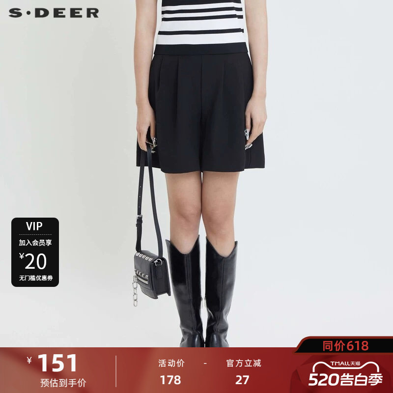 sdeer圣迪奥女装复古高腰压褶A字黑色短裤S24280904