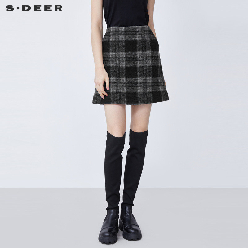 sdeer圣迪奥女装复古时尚撞色格纹毛呢A字短裙S21481305,女装/女士精品,半身裙,淘宝优惠券,粉丝福利购,淘宝优惠卷