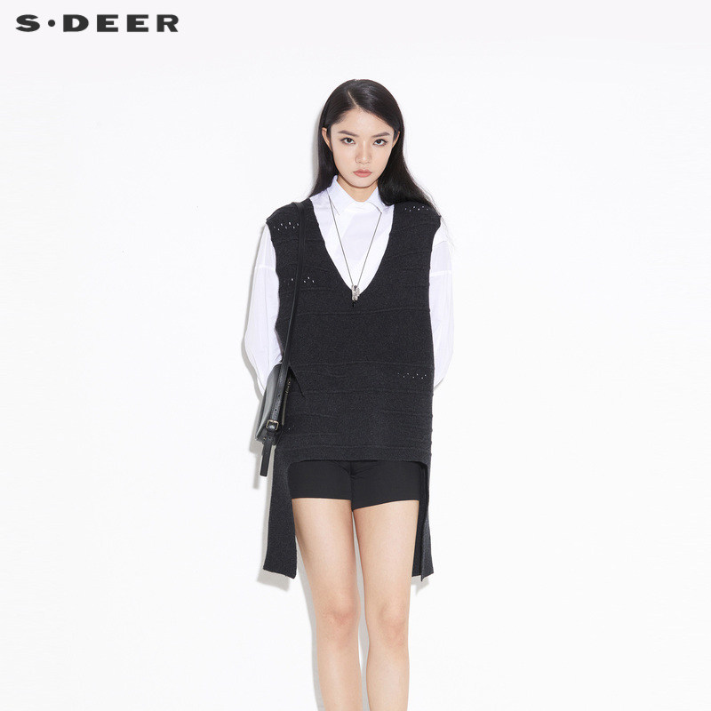 sdeer圣迪奥女装秋复古V领肌理拼接马甲羊毛针织衫S21383