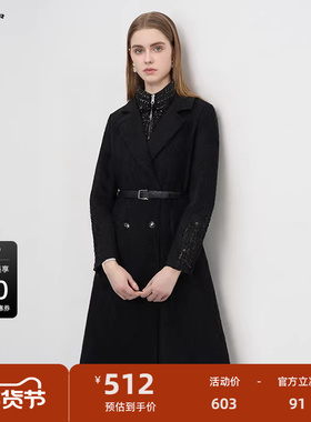 【反季清仓】sdeer圣迪奥格纹拼接收腰大衣式羽绒服S234Z2457