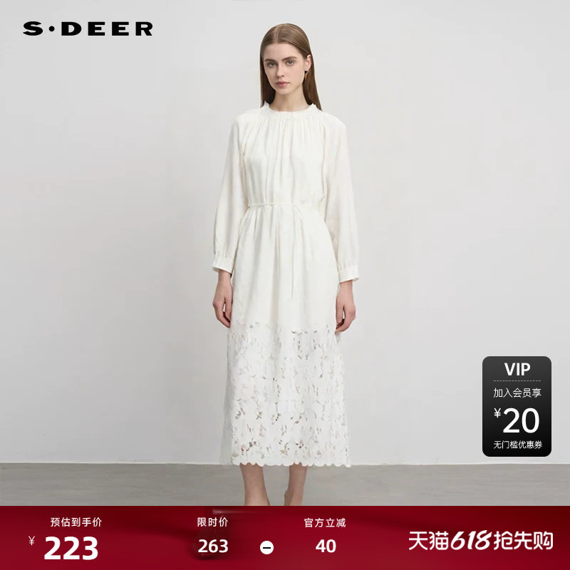 【sdeer奥莱】圣迪奥女装秋复古圆领碎褶收腰绣花连衣裙S243Z1235