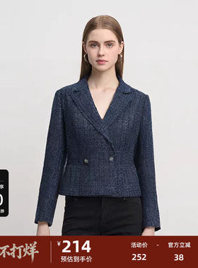 S·DEER圣迪奥女装秋时尚通勤西装领格纹一粒扣短款外套S233Z2217