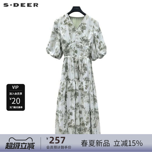 s.deerV领碎花收腰泡泡袖连衣裙