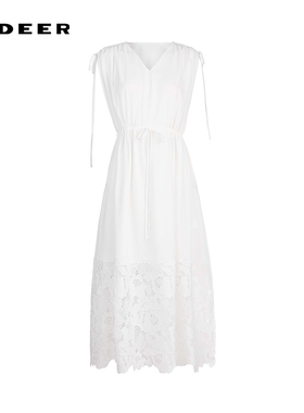 sdeer圣迪奥女装25年新品度假风V领压褶收腰镂空连衣裙S252Z1250
