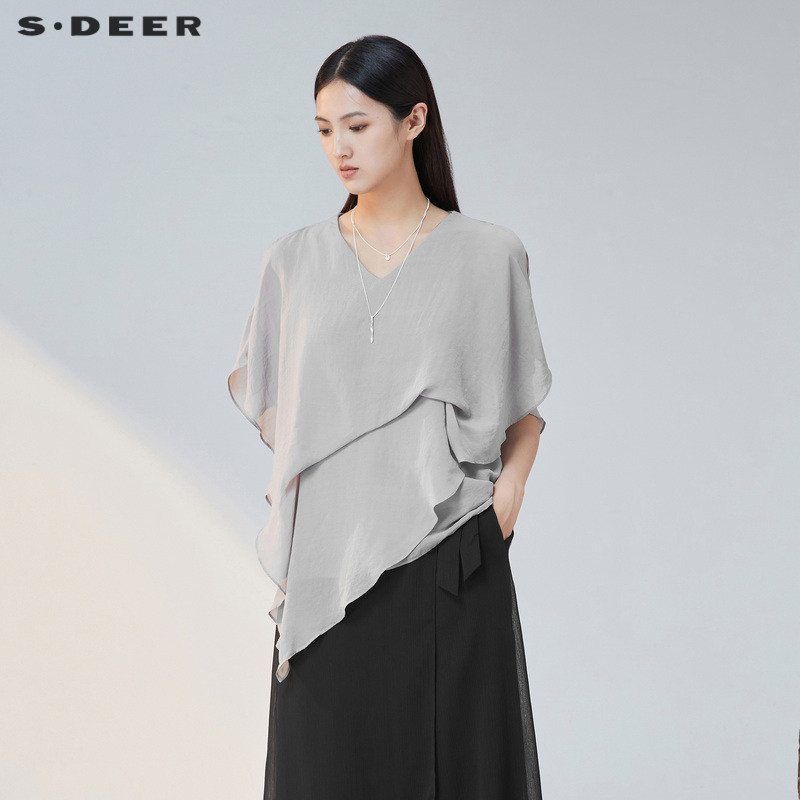 sdeer圣迪奥女装秋V领露肩不规则雪纺短袖衬衫S223Z047