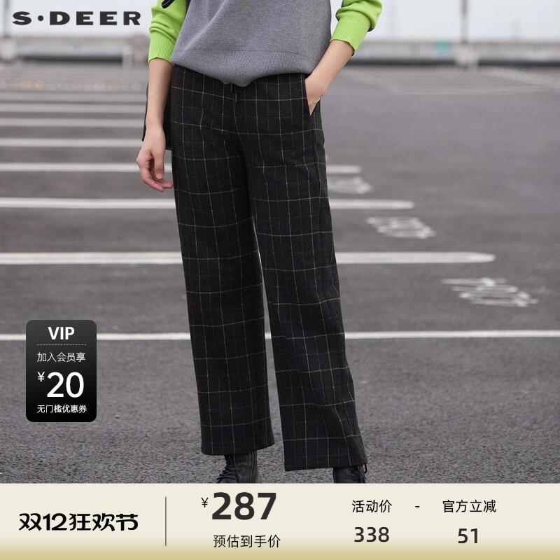 sdeer圣迪奥女装OL风松紧系带格纹插袋直筒长裤S24480801