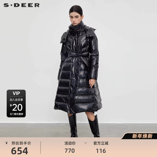 sdeer圣迪奥女装 羽绒服S23462402 高领连帽收腰亮面长款