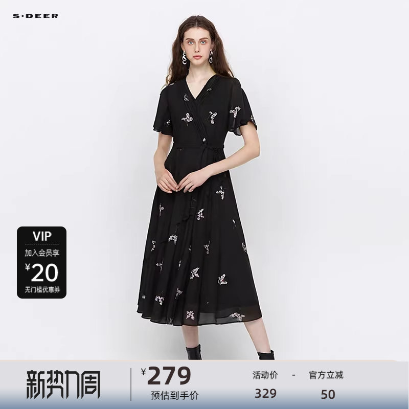 【新品上新】sdeer圣迪奥女装V领风琴褶绣花收腰连衣裙S242