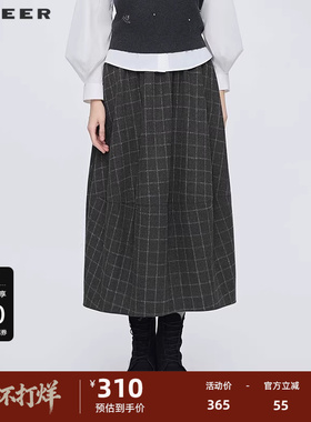 sdeer圣迪奥女装25年新品松紧撞色格纹毛呢A字伞裙S253Z1139