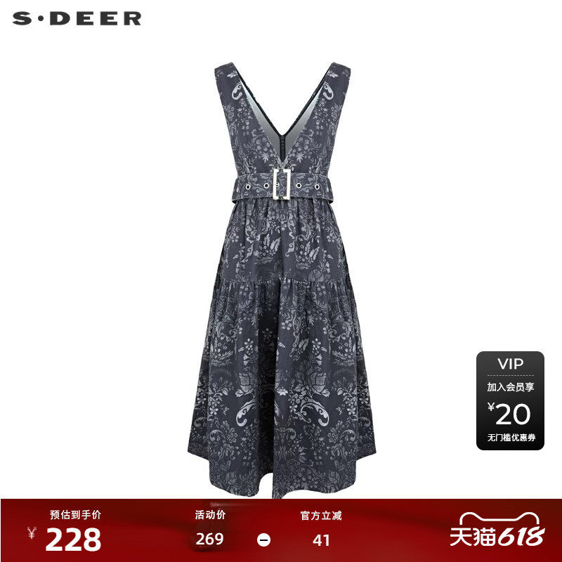 【秒杀】sdeer圣迪奥V领无袖扎染秋季时尚气质连衣裙S233Z12G4