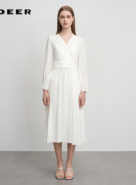 sdeer圣迪奥女装V领压褶收腰垂坠两件套连衣裙S252Z1208