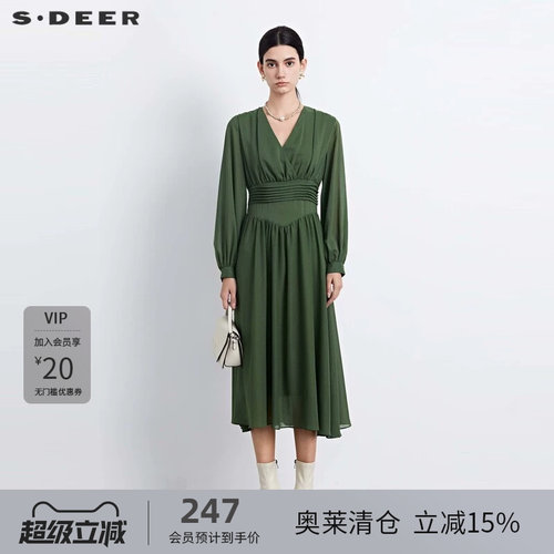 s.deer压褶垂坠雪纺长袖连衣裙