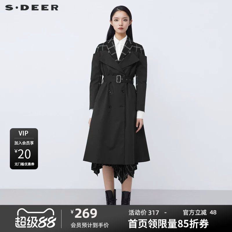 sdeer圣迪奥女装2025秋款休闲西装领格纹拼接长款风衣S21381808