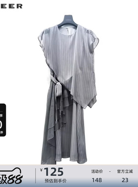 sdeer圣迪奥女装圆领条纹收腰拼接短袖连衣裙S223Z124Q