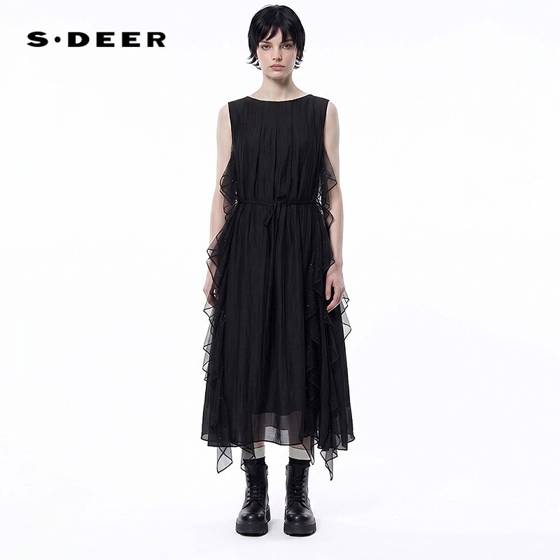 【预售】sdeer圣迪奥女装26年新品复古网纱无袖连衣裙S262Z1258