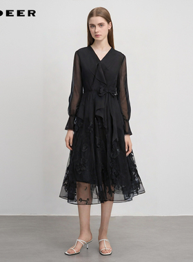 sdeer圣迪奥女装秋V领荷叶边绣花网纱收腰连衣裙S241Z12D2