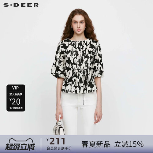 s.deer风琴褶印花宽松短袖衬衫