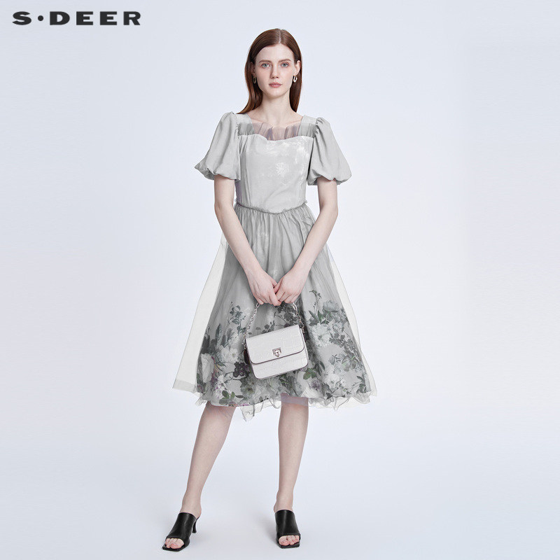 sdeer圣迪奥女装方领印花网纱泡泡袖连衣裙S222Z12M4