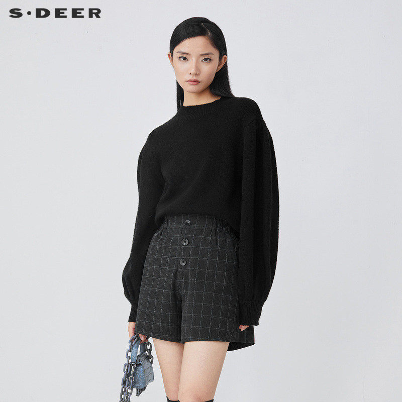 sdeer圣迪奥女装时尚罗纹圆领泡泡袖黑色毛衣S21463512