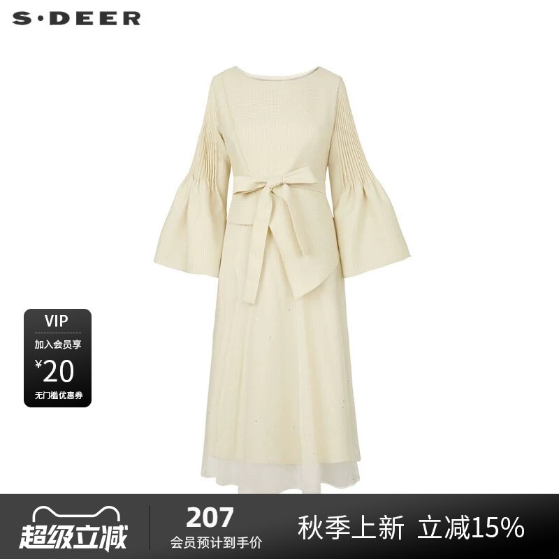 s.deer压褶网纱喇叭袖连衣裙图片