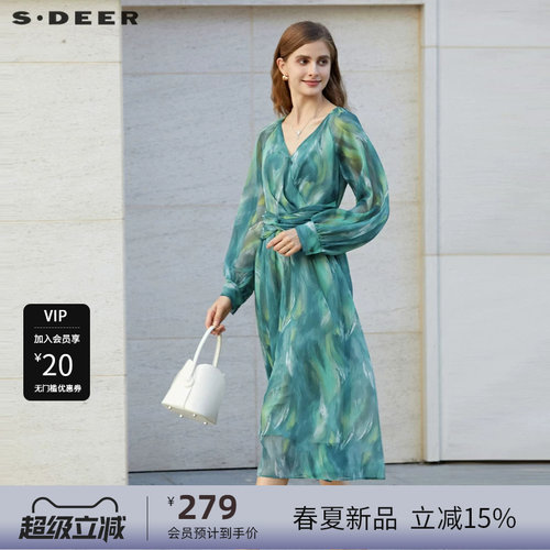 s.deer晕染拼接雪纺长袖连衣裙