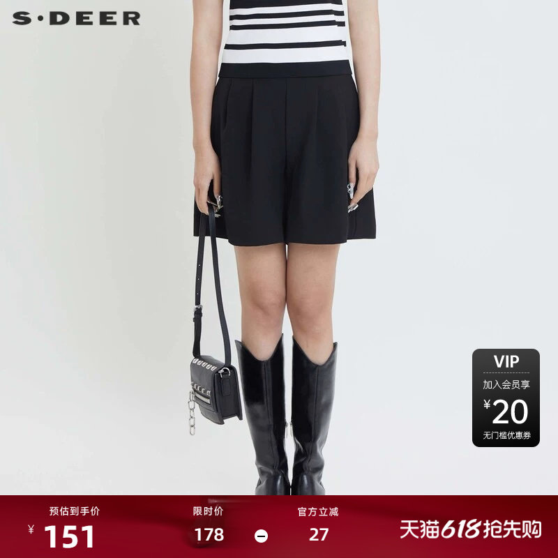 sdeer圣迪奥女装复古高腰压褶A字黑色短裤S24280904