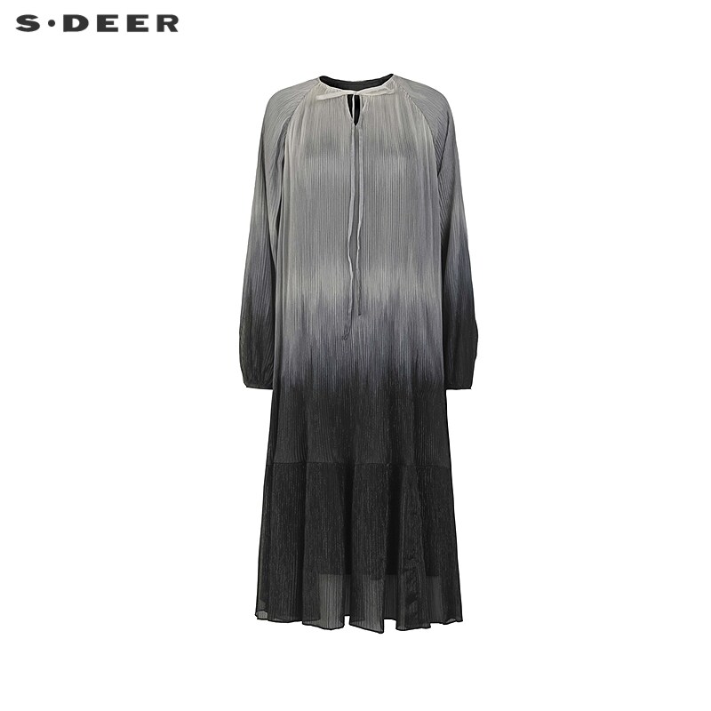 sdeer圣迪奥女装25年新品圆领系带渐变肌理长袖连衣裙S253Z1277
