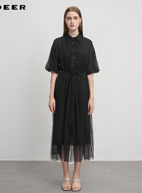 sdeer圣迪奥女装时尚翻领收腰网纱衬衫连衣裙S252Z1216
