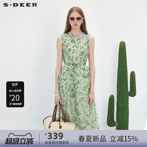 s.deer小清新印花收腰无袖连衣裙