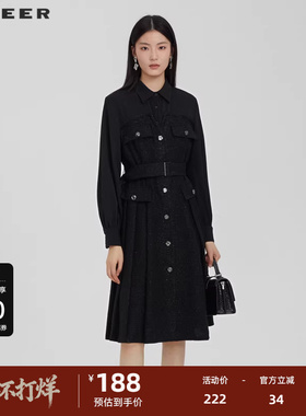 sdeer圣迪奥女装翻领拼接收腰格纹衬衫连衣裙S231Z1225