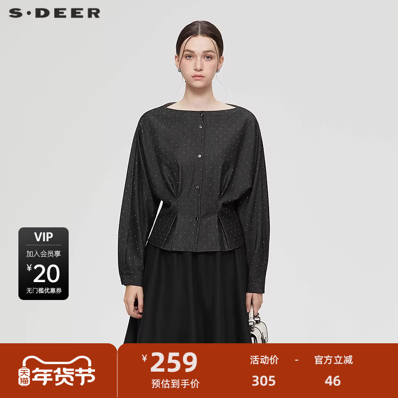 sdeer圣迪奥女装25年新品OL风圆领波点压褶长袖衬衫S253Z0572,女装/女士精品,衬衫,淘宝优惠券,粉丝福利购,淘宝优惠卷