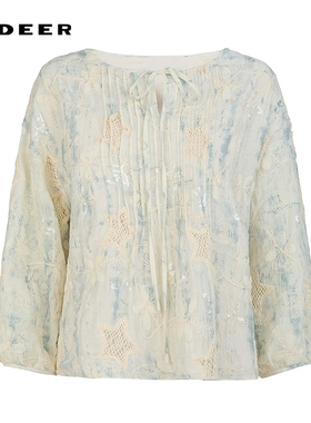 sdeer圣迪奥女装25年新品田园风系带圆领绣花长袖上衣S252Z3235