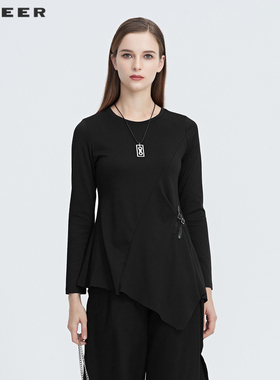 sdeer圣迪奥打底衫 女内搭个性圆领拼接不规则长袖T恤S20480208