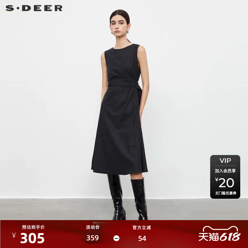 sdeer圣迪奥女装秋圆领收腰不规则毛呢无袖连衣裙S23381210