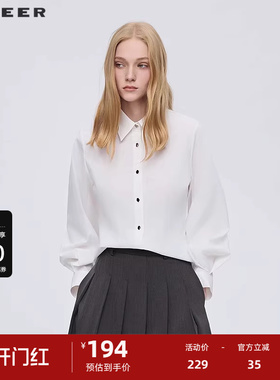sdeer圣迪奥女装25年新品OL风翻领压褶灯笼袖白色衬衫S253Z0558