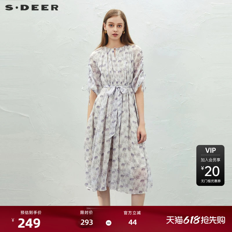 sdeer圣迪奥女装小清新圆领碎花收腰短袖连衣裙S232Z12J