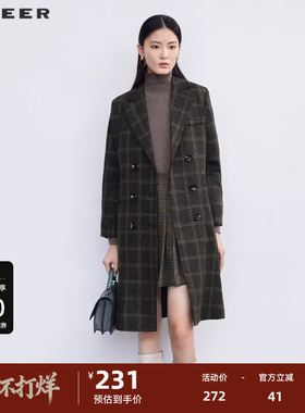 sdeer圣迪奥女装西装领双排扣格纹毛呢大衣S224Z2512