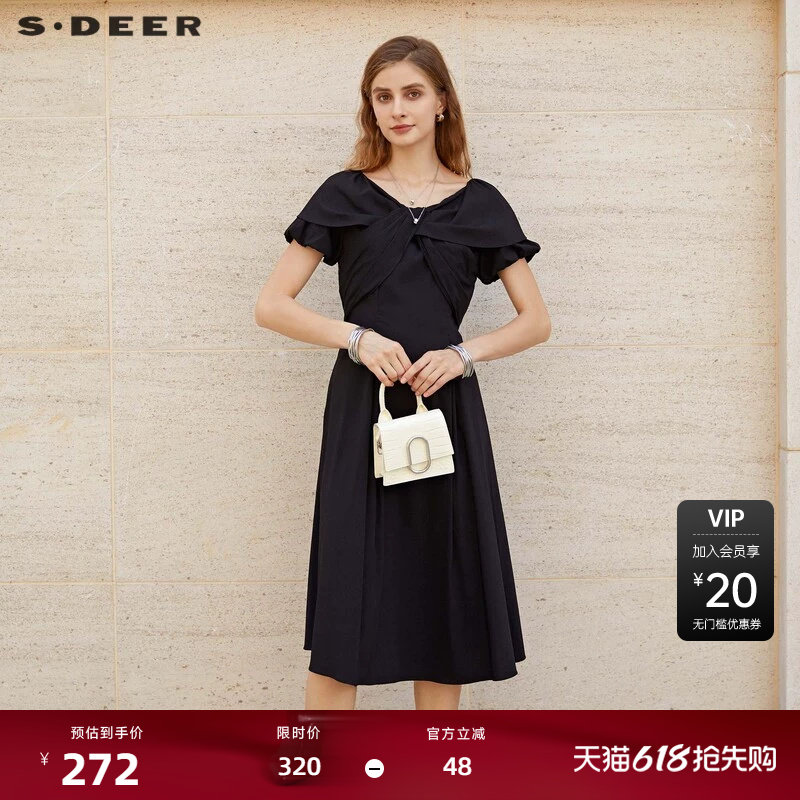 sdeer圣迪奥女装甜美圆领蝴蝶结短袖连衣裙S23281234
