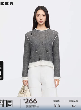 sdeer圣迪奥女装25年新品罗纹圆领撞色钉珠宽松针织衫S253Z3508