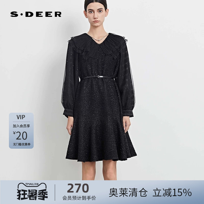 sdeer圣迪奥女装V领荷叶边收腰网纱毛呢连衣裙S233Z12T1