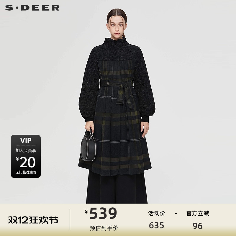 s.deer风琴褶格纹大衣式羽绒服