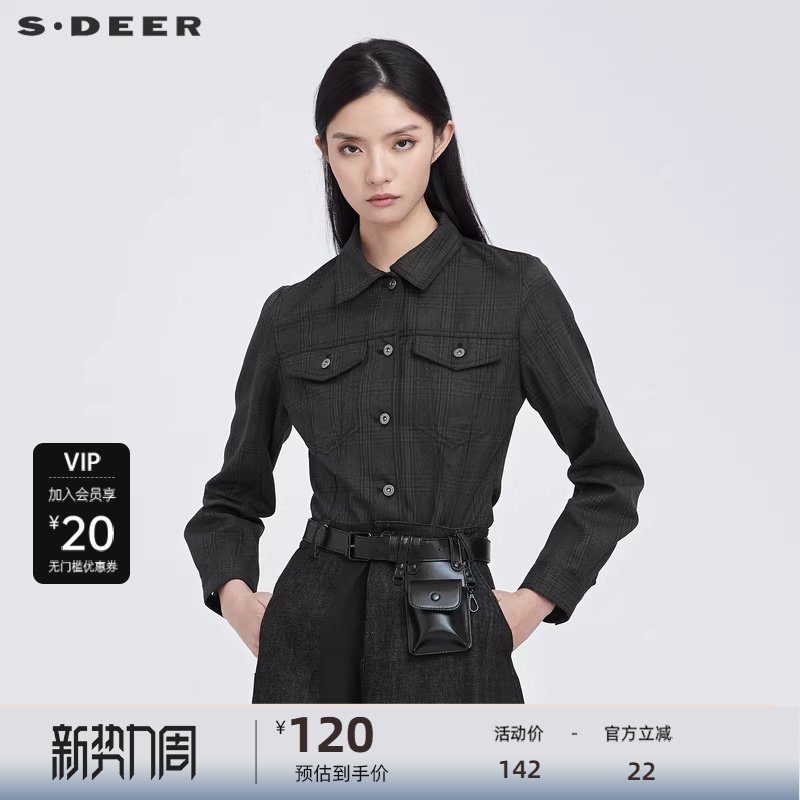 sdeer圣迪奥女装休闲翻领撞色格纹不规则衬衫S21480507