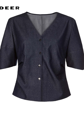 sdeer圣迪奥女装25年新品休闲V领不规则肌理短袖衬衫S252Z0415