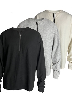 AMBSOM Half Zip Long Sleeve *日产柔软半拉链华夫格纯色长袖男