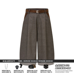 AMBSOM“麂皮打褶”千鸟格拼接老钱风剑道cleanfit七分短裤西裤