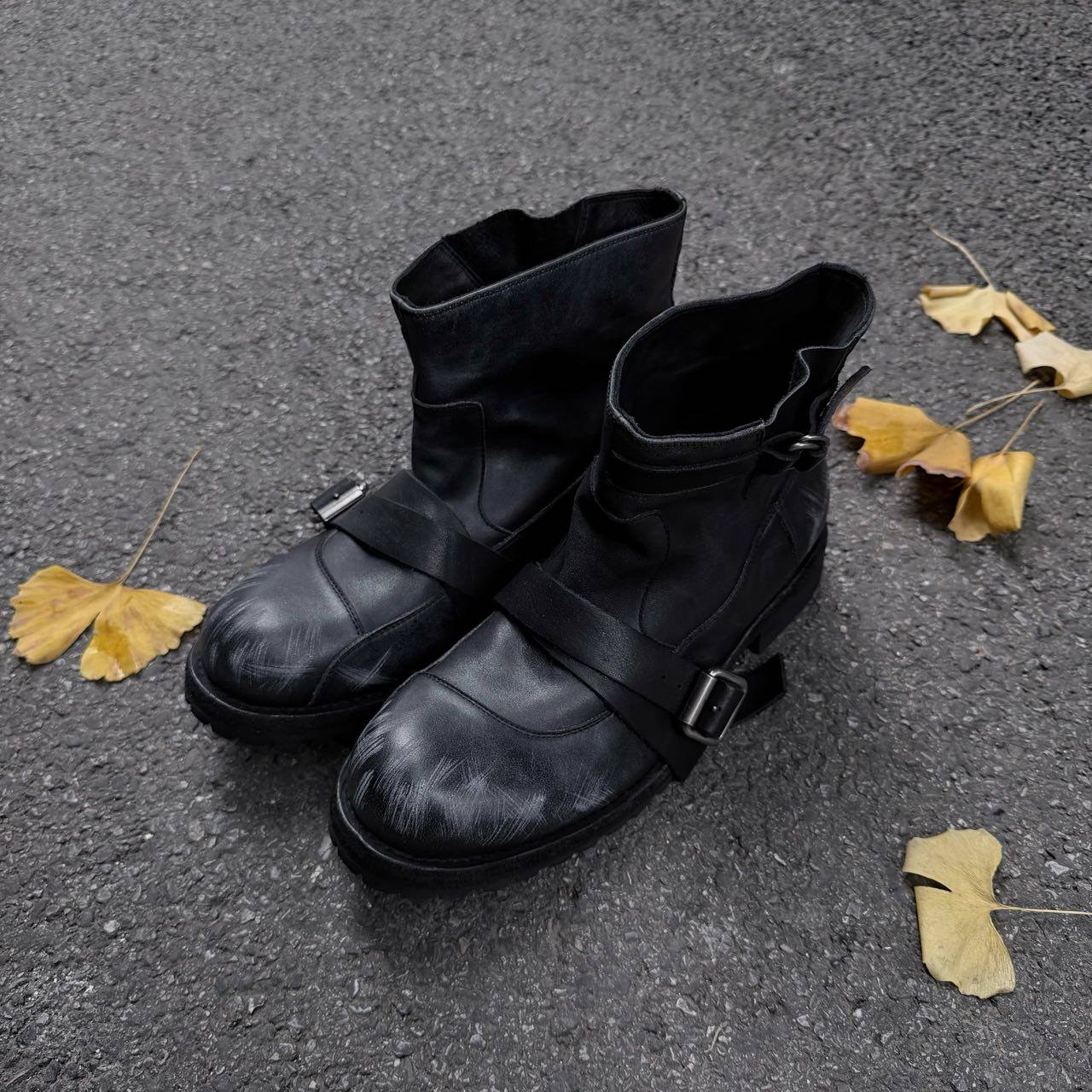 「首发4开」AMBSOM固特异阿根廷进口牛皮做旧霜冻绑带工程师靴