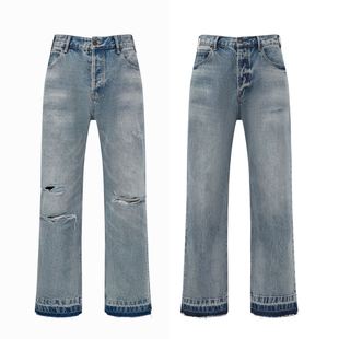 牛仔裤 特价 脚直筒宽松美式 VINTAGE洗水刀割破坏裤 亏本清仓AMBSOM